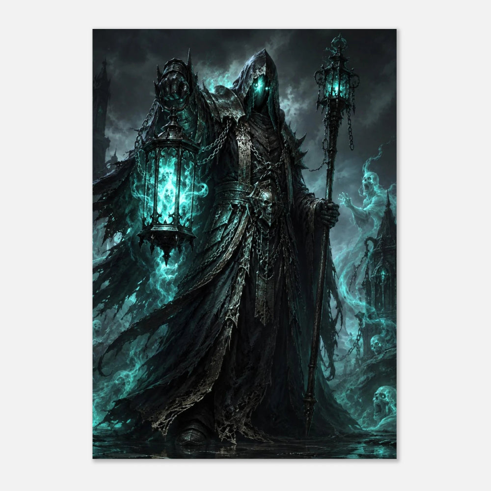 Dark, gothic figure with glowing blue accents against a dark background