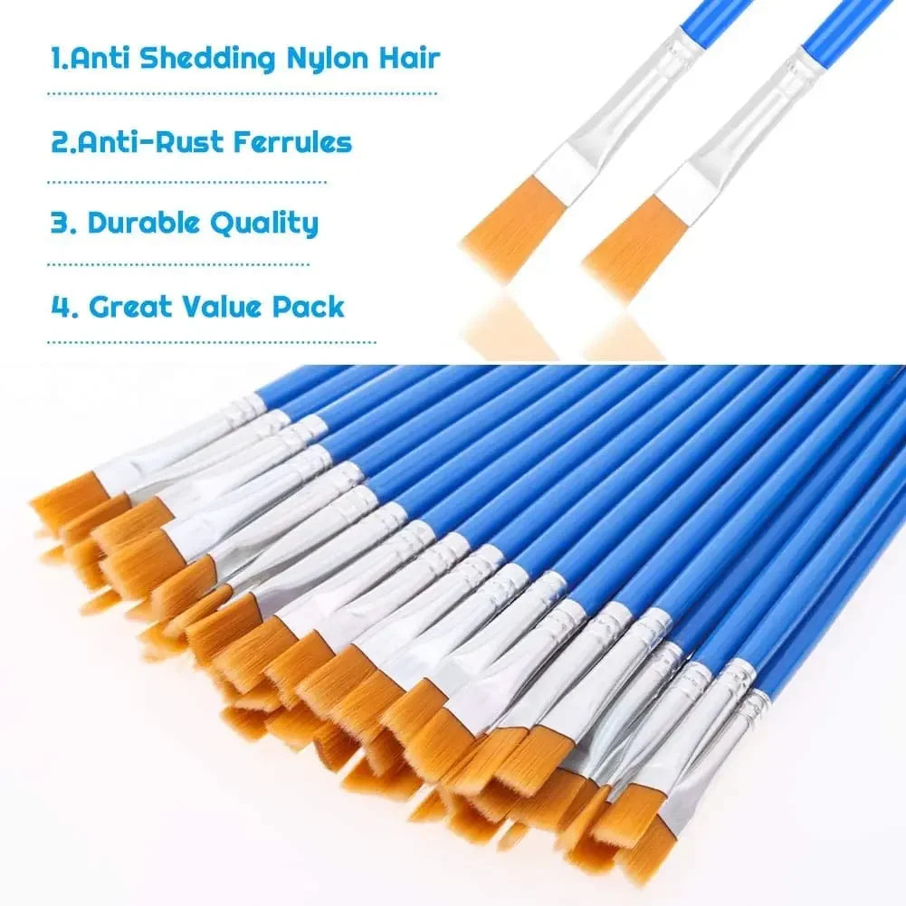 50Pcs Painting Brushes Set Art round Flat Hair Nylon Hair Paint Brush for Oil Acrylic Watercolor Kids/Artists/Beginners/Students